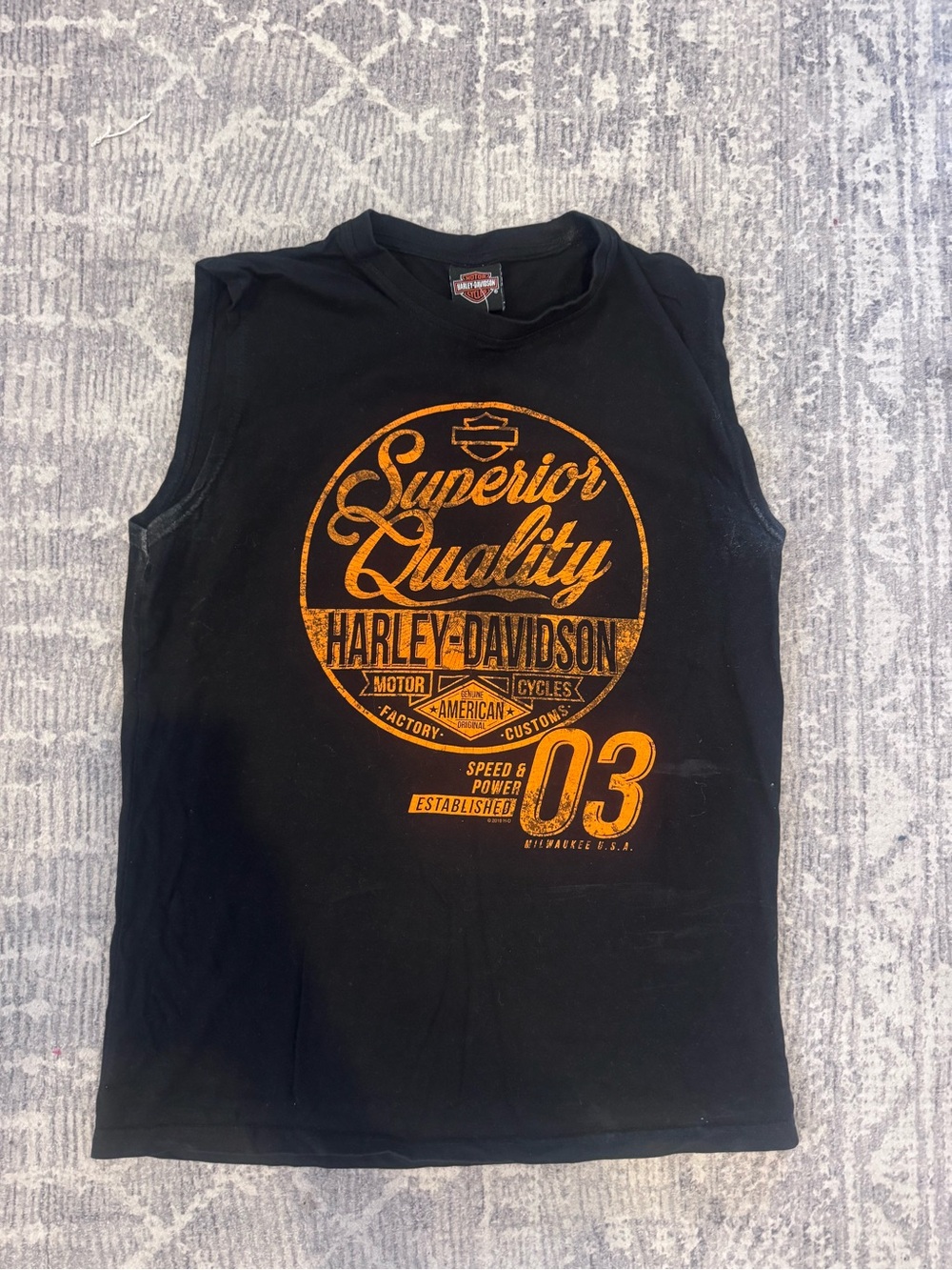 Harley-Davidson Black Tank with Orange 'Superior Quality' Graphic